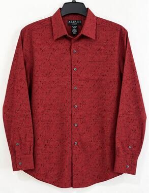 Alfani Mens Slim Fit Dress Shirt 15-15.5 32/33 Red Black Micro Dot Stretch